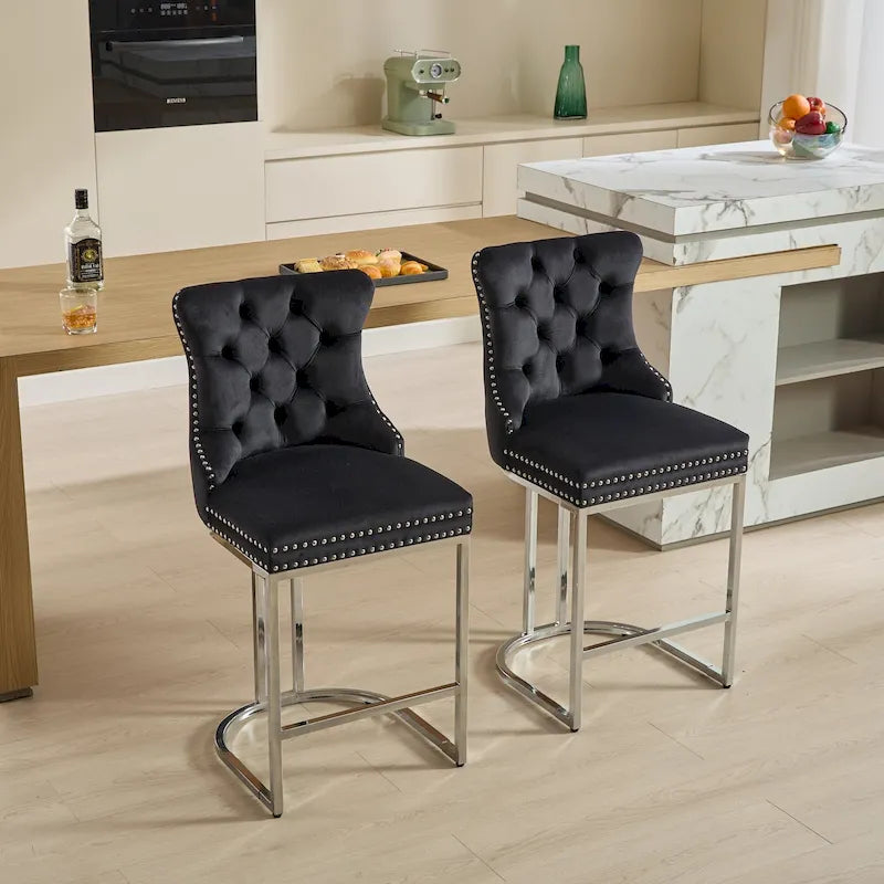 Tabourets de bar modernes (lot de 2) avec dossier capitonné, garniture cloutée et piètement en métal chromé 25 po