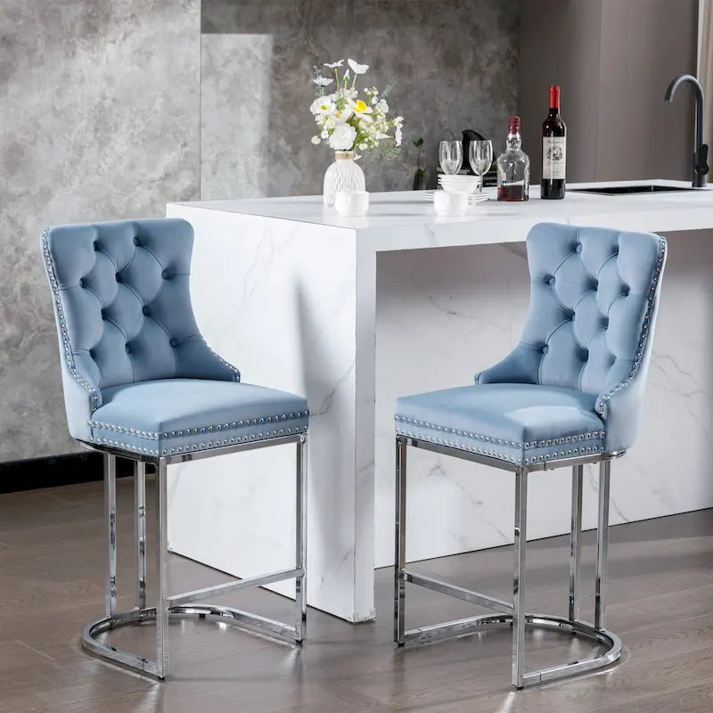 Tabourets de bar modernes (lot de 2) avec dossier capitonné, garniture cloutée et piètement en métal chromé 25 po