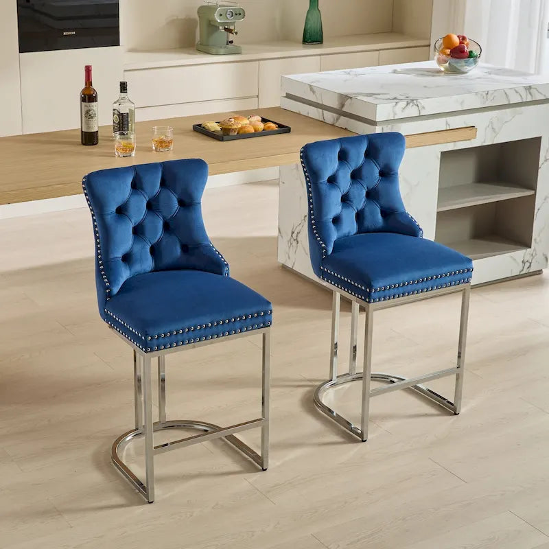 Tabourets de bar modernes (lot de 2) avec dossier capitonné, garniture cloutée et piètement en métal chromé 25 po
