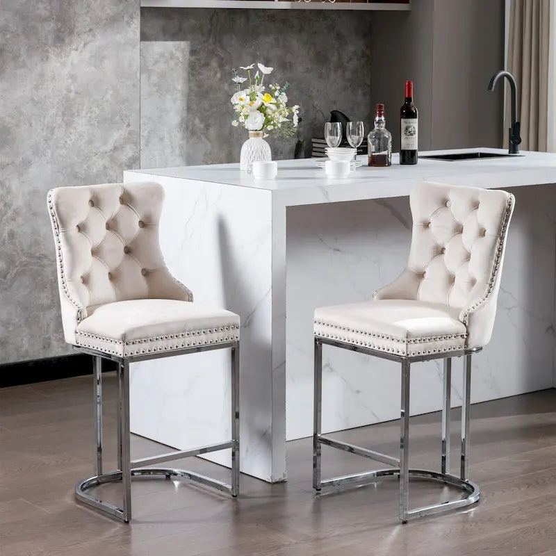 Tabourets de bar modernes (lot de 2) avec dossier capitonné, garniture cloutée et piètement en métal chromé 25 po