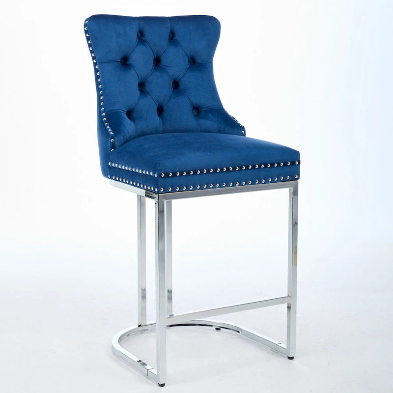 Tabourets de bar modernes (lot de 2) avec dossier capitonné, garniture cloutée et piètement en métal chromé 25 po