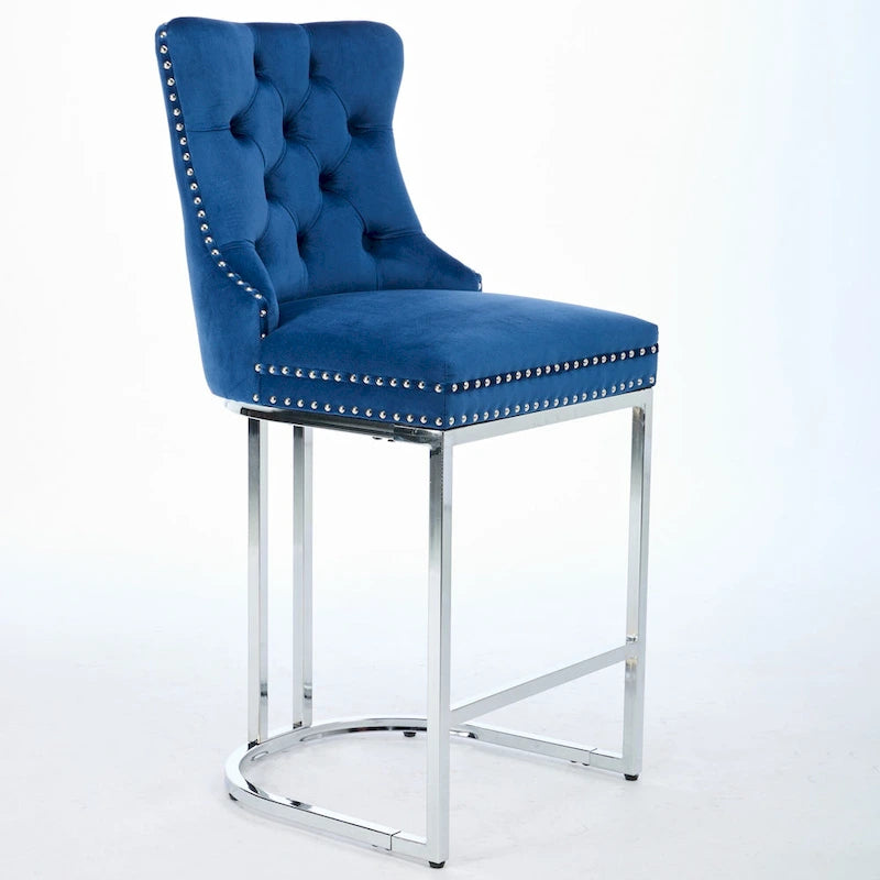 Tabourets de bar modernes (lot de 2) avec dossier capitonné, garniture cloutée et piètement en métal chromé 25 po
