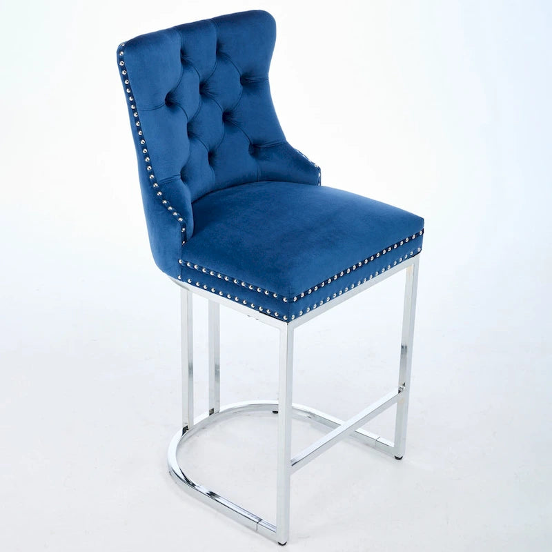 Tabourets de bar modernes (lot de 2) avec dossier capitonné, garniture cloutée et piètement en métal chromé 25 po
