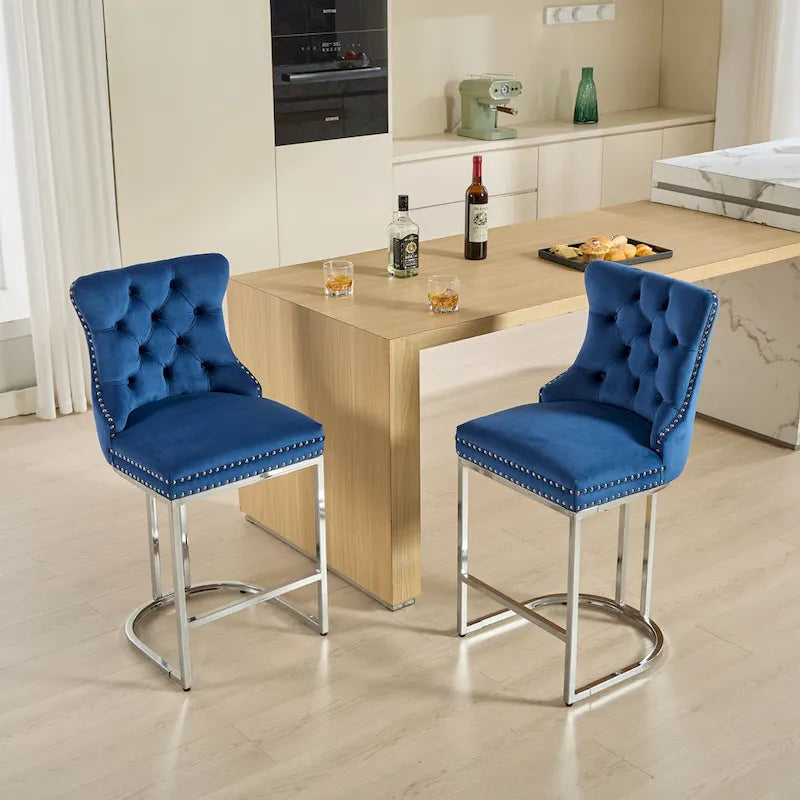 Tabourets de bar modernes (lot de 2) avec dossier capitonné, garniture cloutée et piètement en métal chromé 25 po