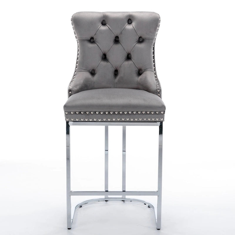 Tabourets de bar modernes (lot de 2) avec dossier capitonné, garniture cloutée et piètement en métal chromé 25 po