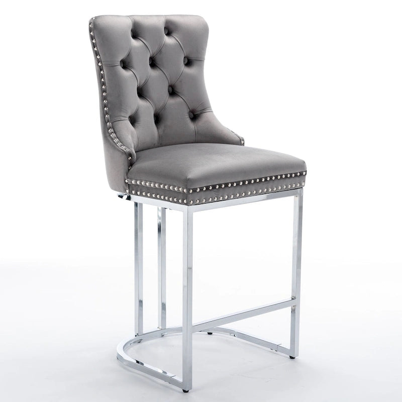 Tabourets de bar modernes (lot de 2) avec dossier capitonné, garniture cloutée et piètement en métal chromé 25 po