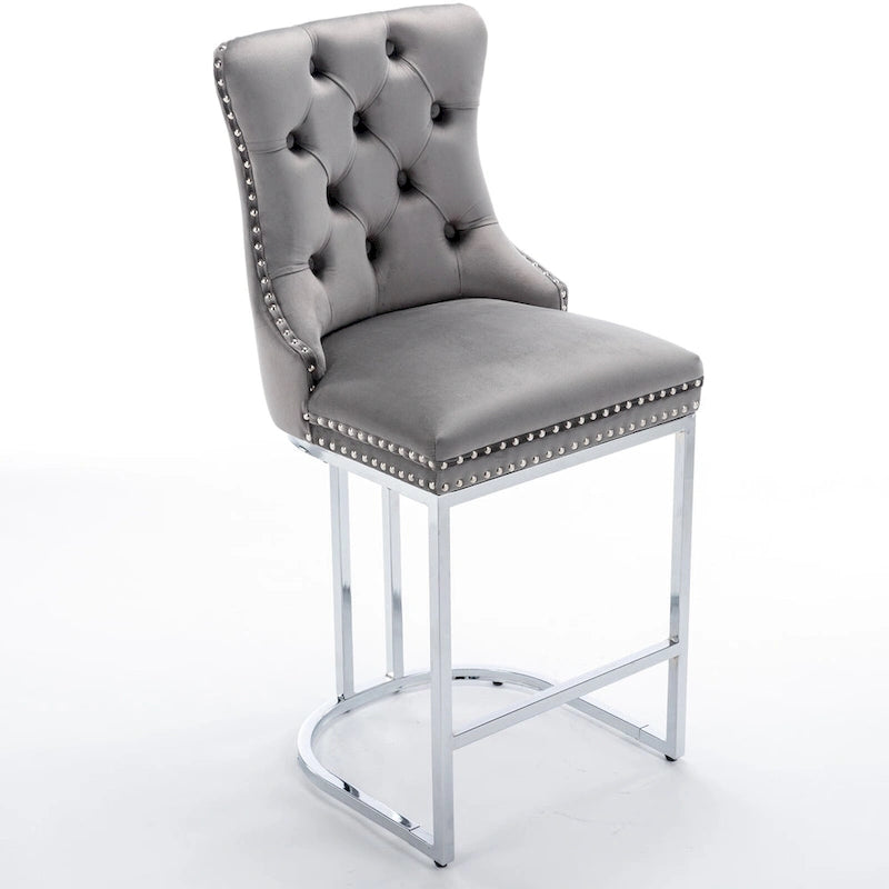 Tabourets de bar modernes (lot de 2) avec dossier capitonné, garniture cloutée et piètement en métal chromé 25 po