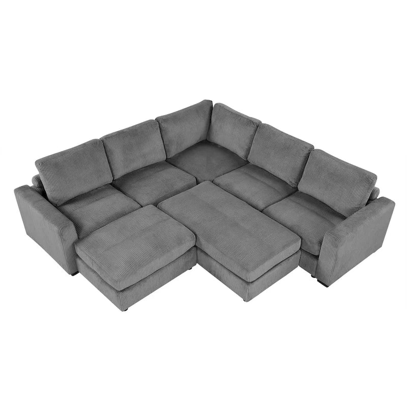 Canapé sectionnel en velours côtelé, canapé-lit sectionnel modulaire avec 2 poufs mobiles pour salon
