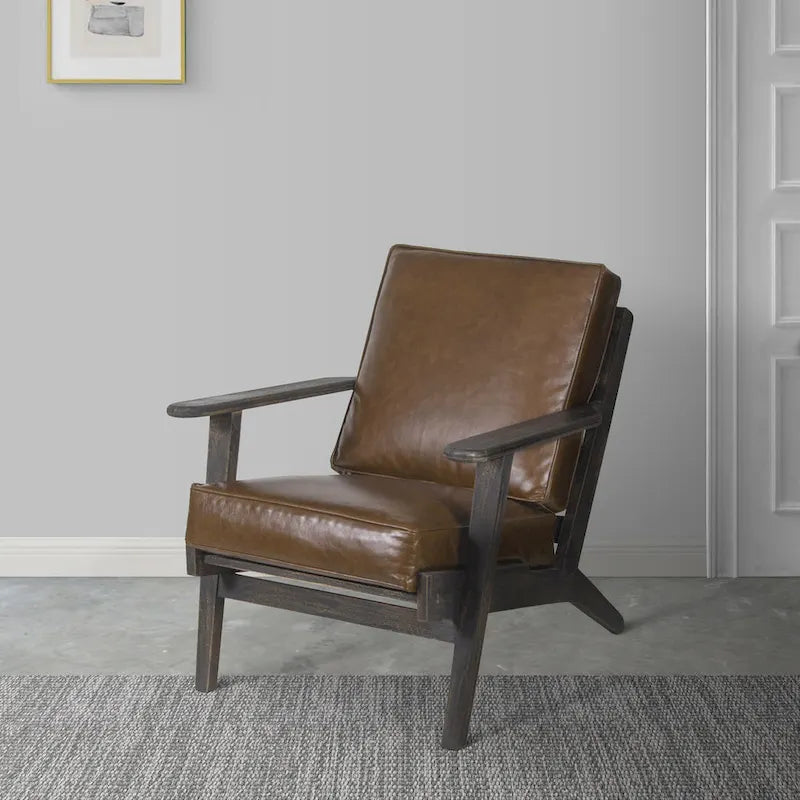 Fauteuil d'appoint, manguier latté fait main, coussins en cuir de buffle, pieds inclinés