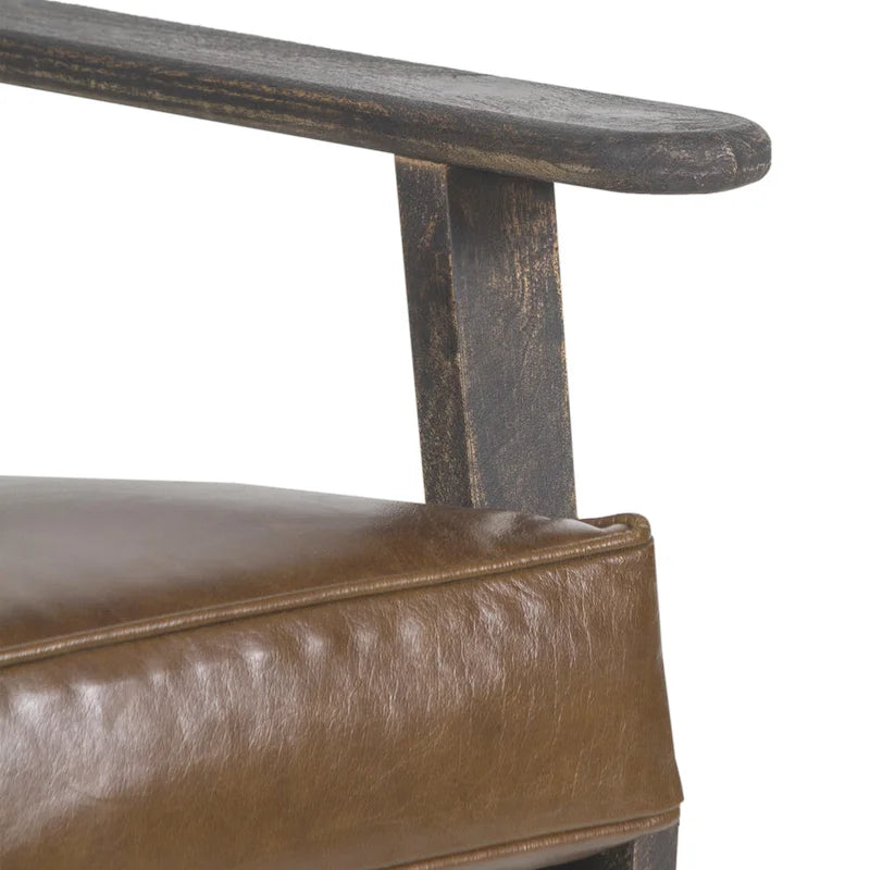Fauteuil d'appoint, manguier latté fait main, coussins en cuir de buffle, pieds inclinés