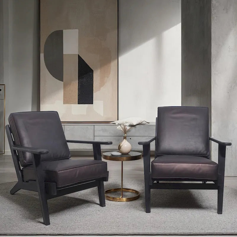 Fauteuil d'appoint, manguier latté fait main, coussins en cuir de buffle, pieds inclinés