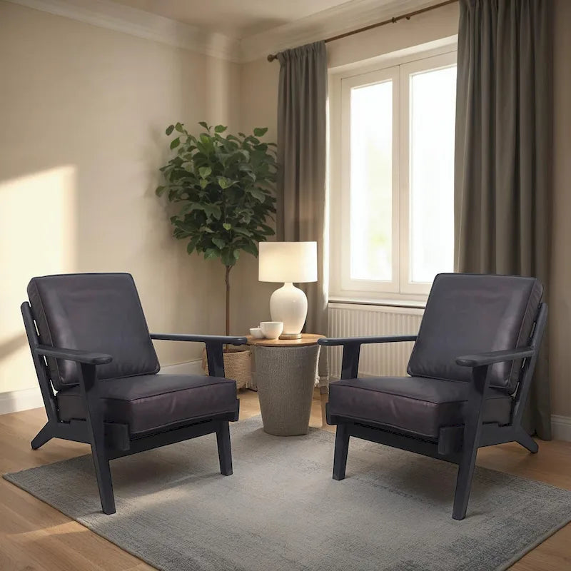 Fauteuil d'appoint, manguier latté fait main, coussins en cuir de buffle, pieds inclinés