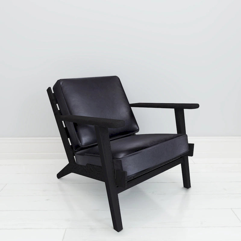 Fauteuil d'appoint, manguier latté fait main, coussins en cuir de buffle, pieds inclinés