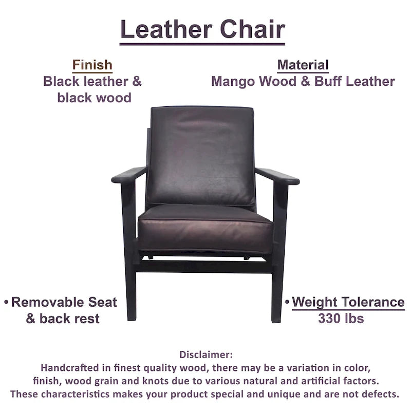 Fauteuil d'appoint, manguier latté fait main, coussins en cuir de buffle, pieds inclinés