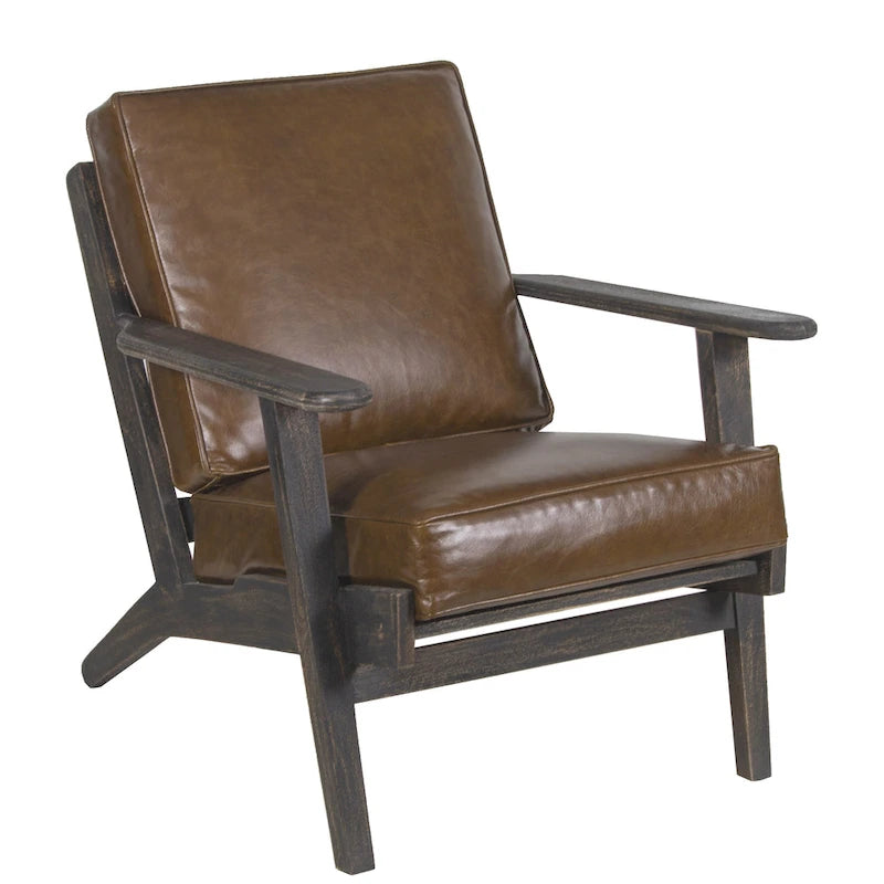 Fauteuil d'appoint, manguier latté fait main, coussins en cuir de buffle, pieds inclinés