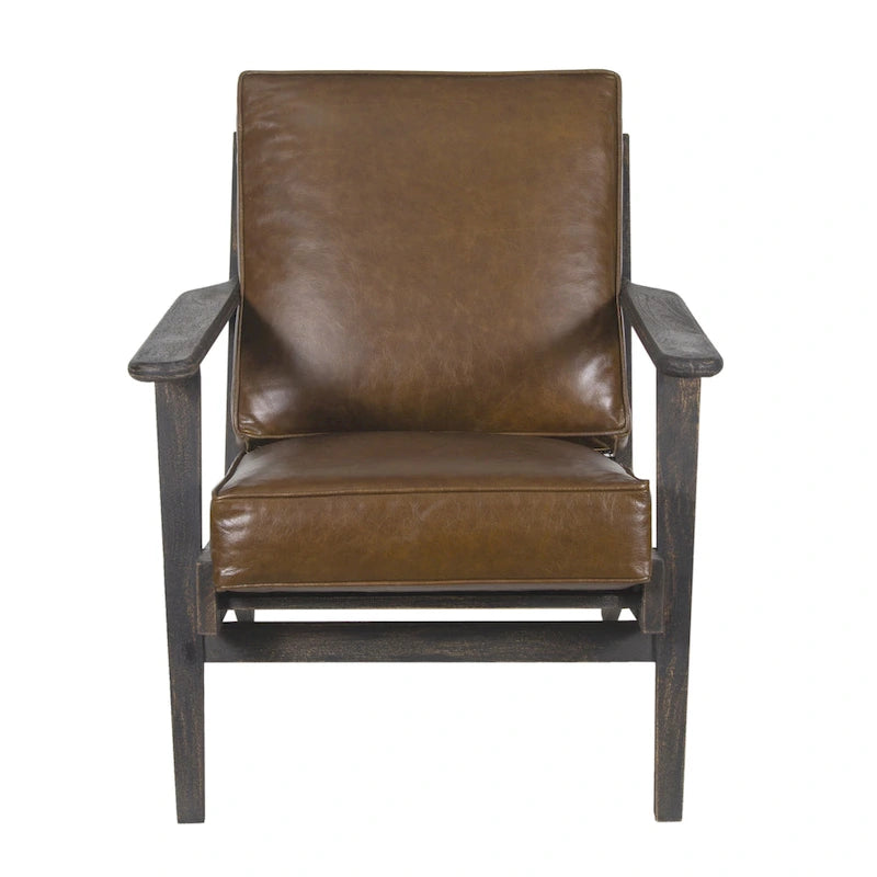 Fauteuil d'appoint, manguier latté fait main, coussins en cuir de buffle, pieds inclinés