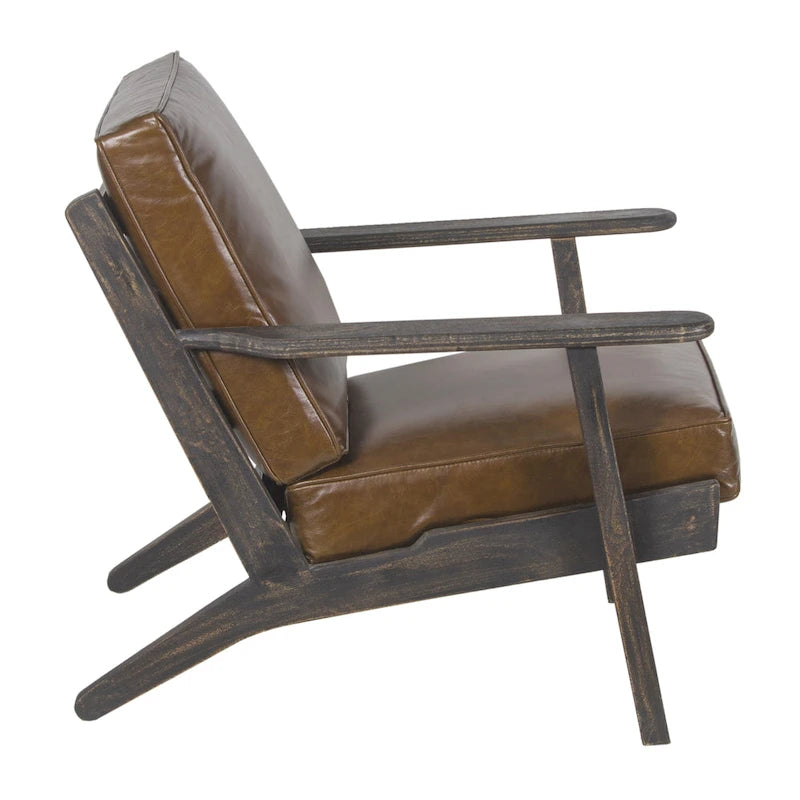 Fauteuil d'appoint, manguier latté fait main, coussins en cuir de buffle, pieds inclinés