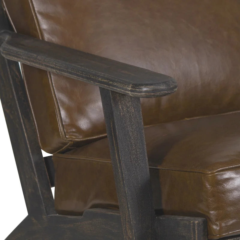 Fauteuil d'appoint, manguier latté fait main, coussins en cuir de buffle, pieds inclinés