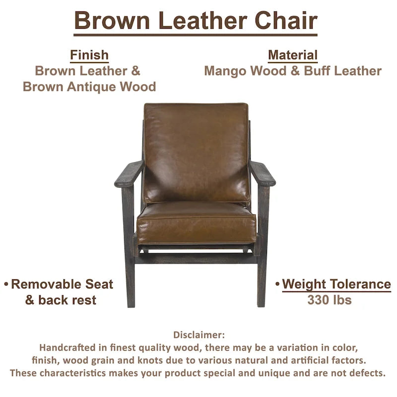 Fauteuil d'appoint, manguier latté fait main, coussins en cuir de buffle, pieds inclinés