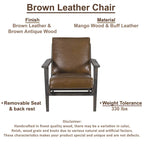 Fauteuil d'appoint, manguier latté fait main, coussins en cuir de buffle, pieds inclinés