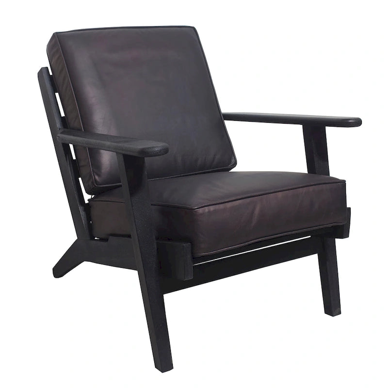Fauteuil d'appoint, manguier latté fait main, coussins en cuir de buffle, pieds inclinés