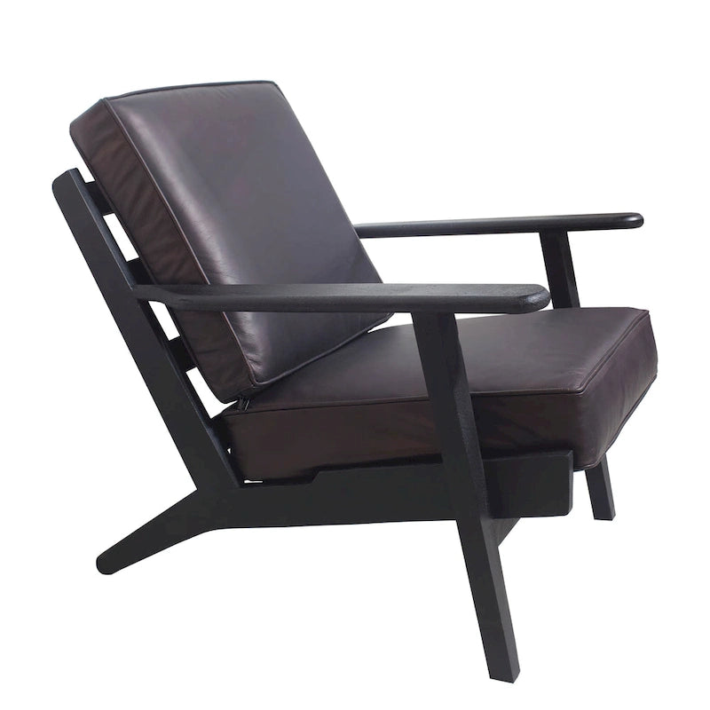Fauteuil d'appoint, manguier latté fait main, coussins en cuir de buffle, pieds inclinés