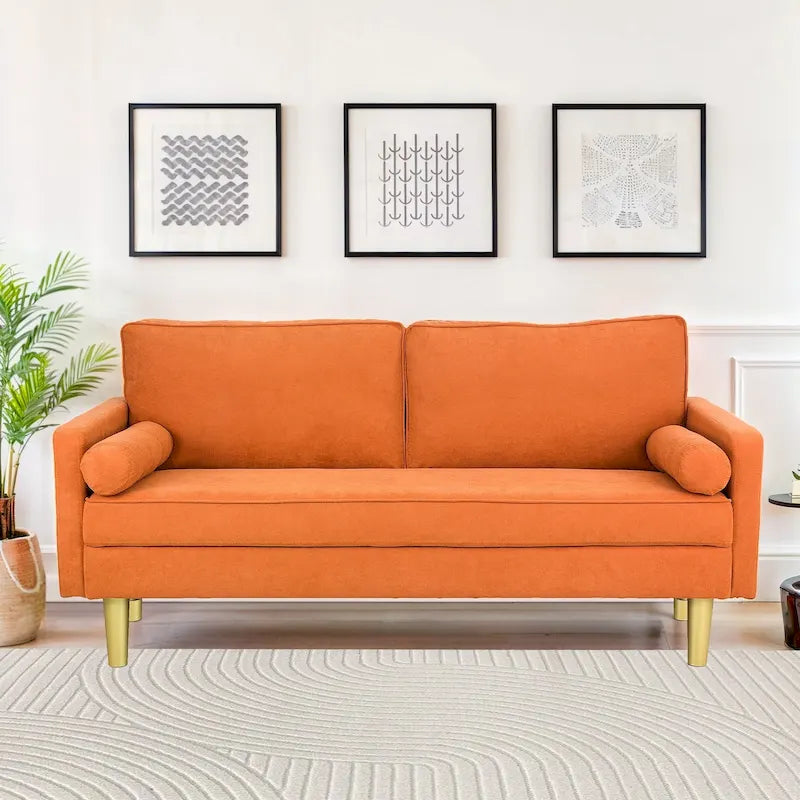 Causeuse 2 places en polyester orange de 65 po avec poches latérales et oreillers ronds