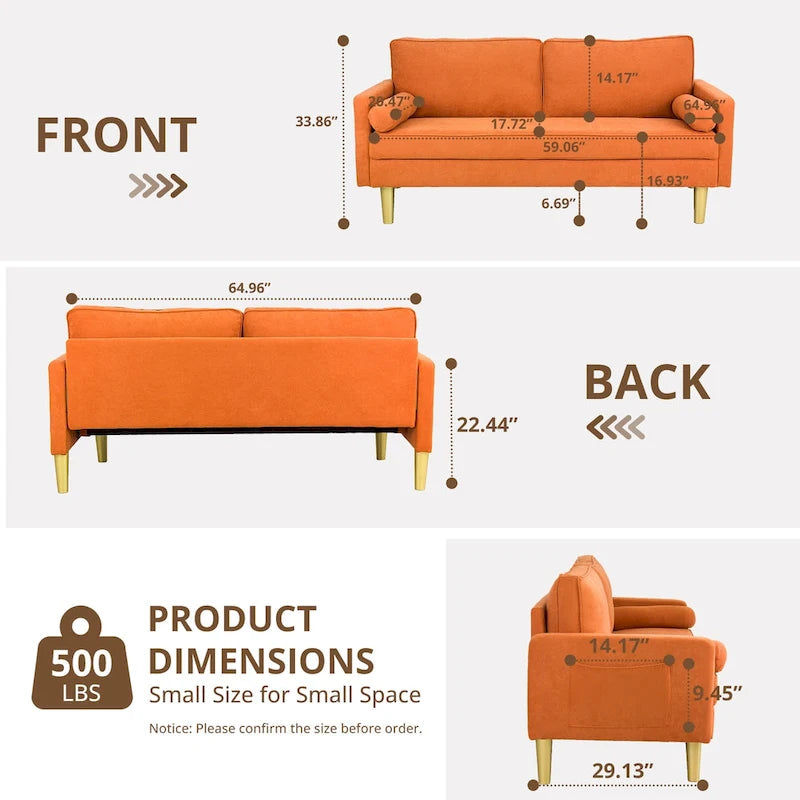 Causeuse 2 places en polyester orange de 65 po avec poches latérales et oreillers ronds
