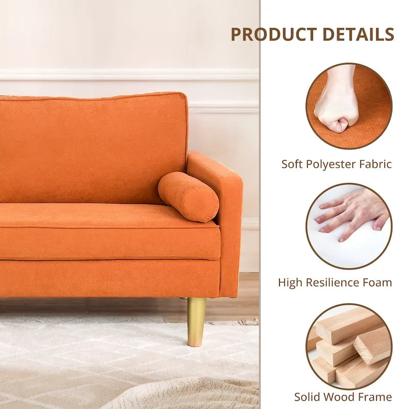 Causeuse 2 places en polyester orange de 65 po avec poches latérales et oreillers ronds