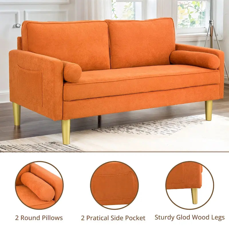 Causeuse 2 places en polyester orange de 65 po avec poches latérales et oreillers ronds