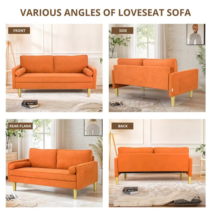 Causeuse 2 places en polyester orange de 65 po avec poches latérales et oreillers ronds