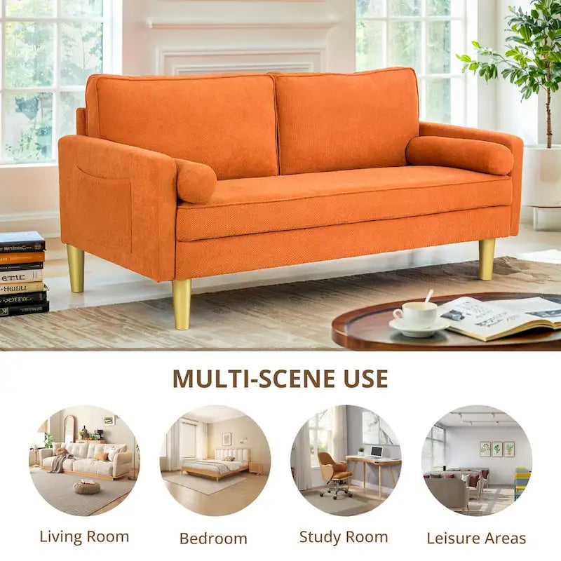 Causeuse 2 places en polyester orange de 65 po avec poches latérales et oreillers ronds
