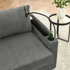 Canapé 3 places moderne en velours côtelé 102, assise profonde avec porte-gobelets et porte-téléphone