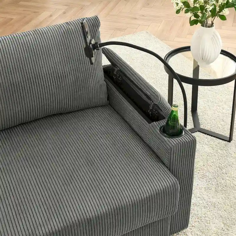 Canapé 3 places moderne en velours côtelé 102, assise profonde avec porte-gobelets et porte-téléphone
