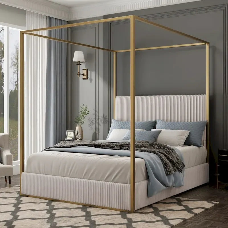 Lit à baldaquin moderne en métal de luxe avec tête de lit capitonnée haute