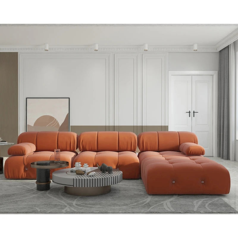Grand canapé modulable moderne en velours orange