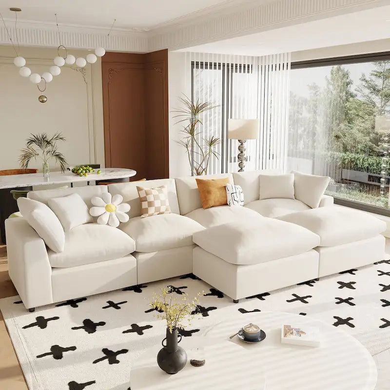Grand canapé d'angle moderne en U, 2 grandes méridiennes avec poufs amovibles pour salon