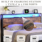 Cadre de lit double avec tête de lit de rangement et 2 tiroirs, lit LED avec station de recharge