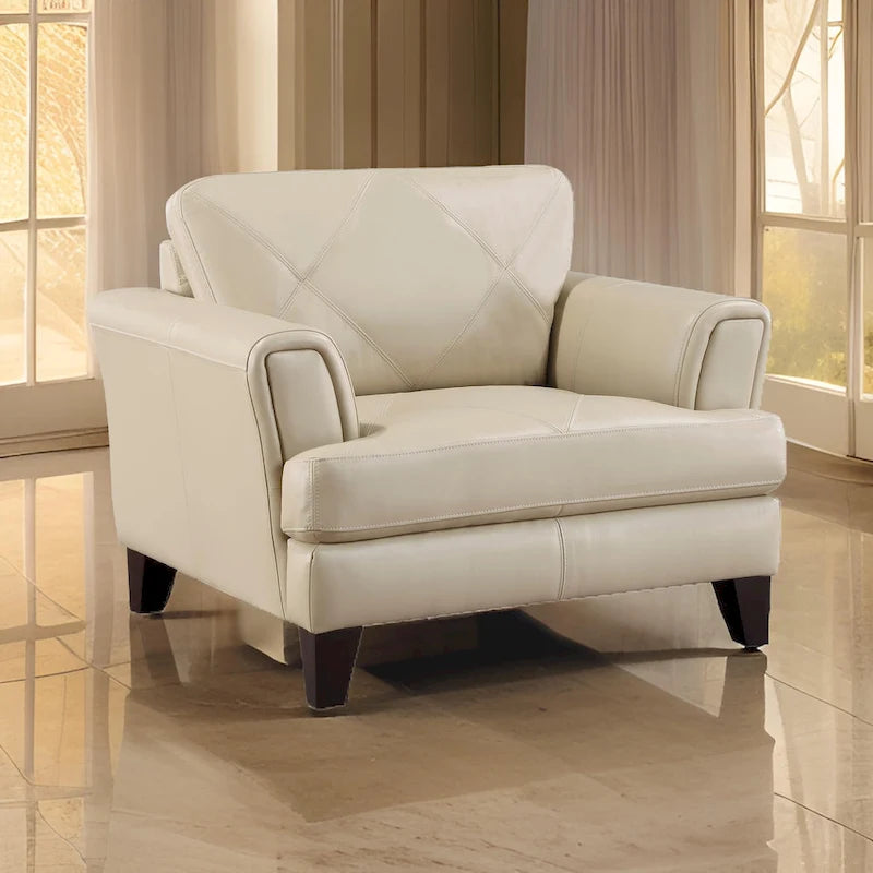 Fauteuil d'appoint 38 pouces, cuir pleine fleur et refente crème, bois massif
